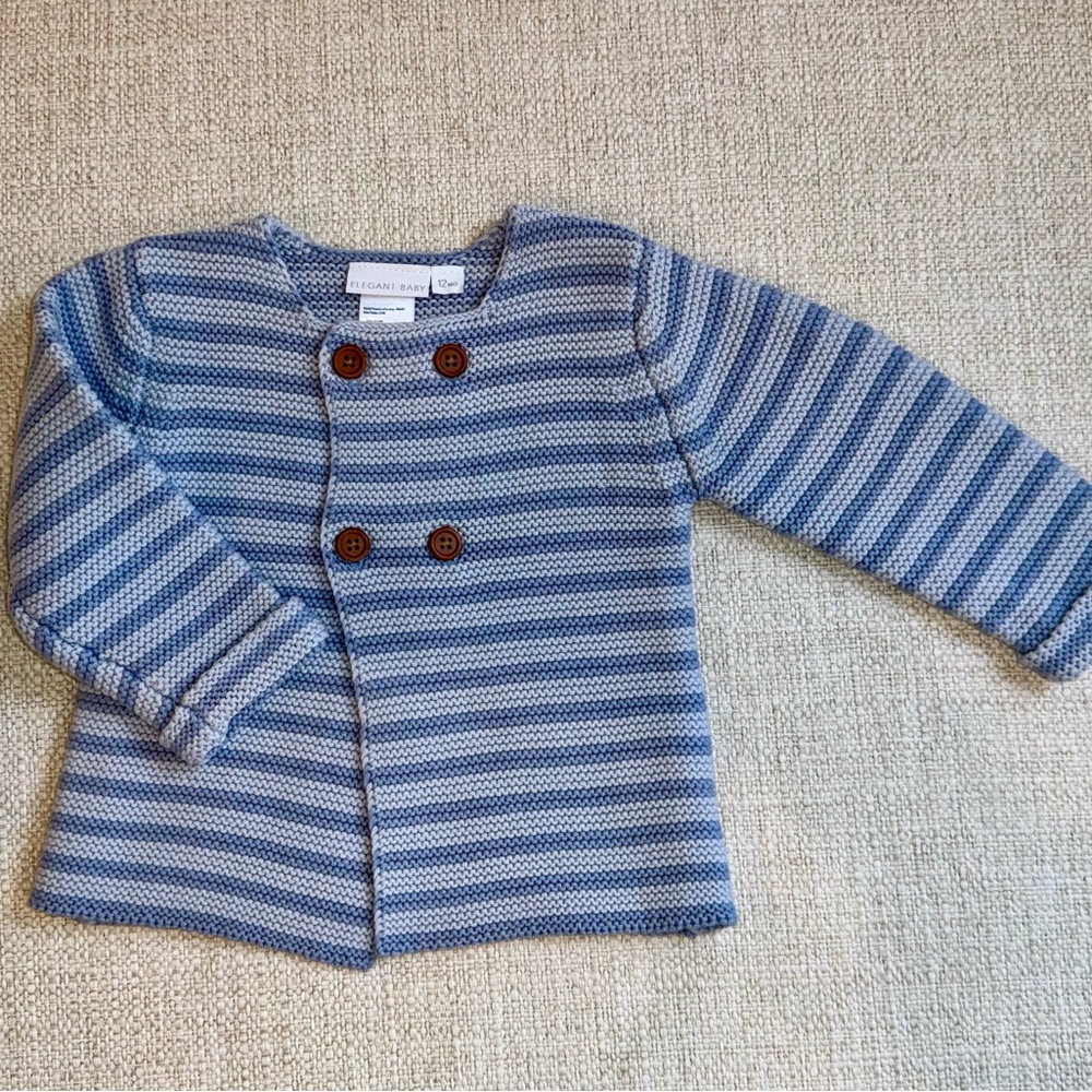 Elegant Baby Blue Knitted Striped Cardigan